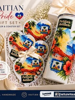 Tropical Haitian Pride Coaster & Tumbler Set with Hibiscus Motif
